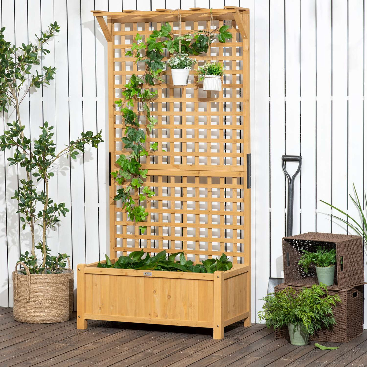 Raised bed plant box with trellis, trellis plant pot, flower box, wood, garden trellis 90 x 45 x 183 cm for garden, balcony, terrace, flower pot for climbing plants, basket plants, flowers