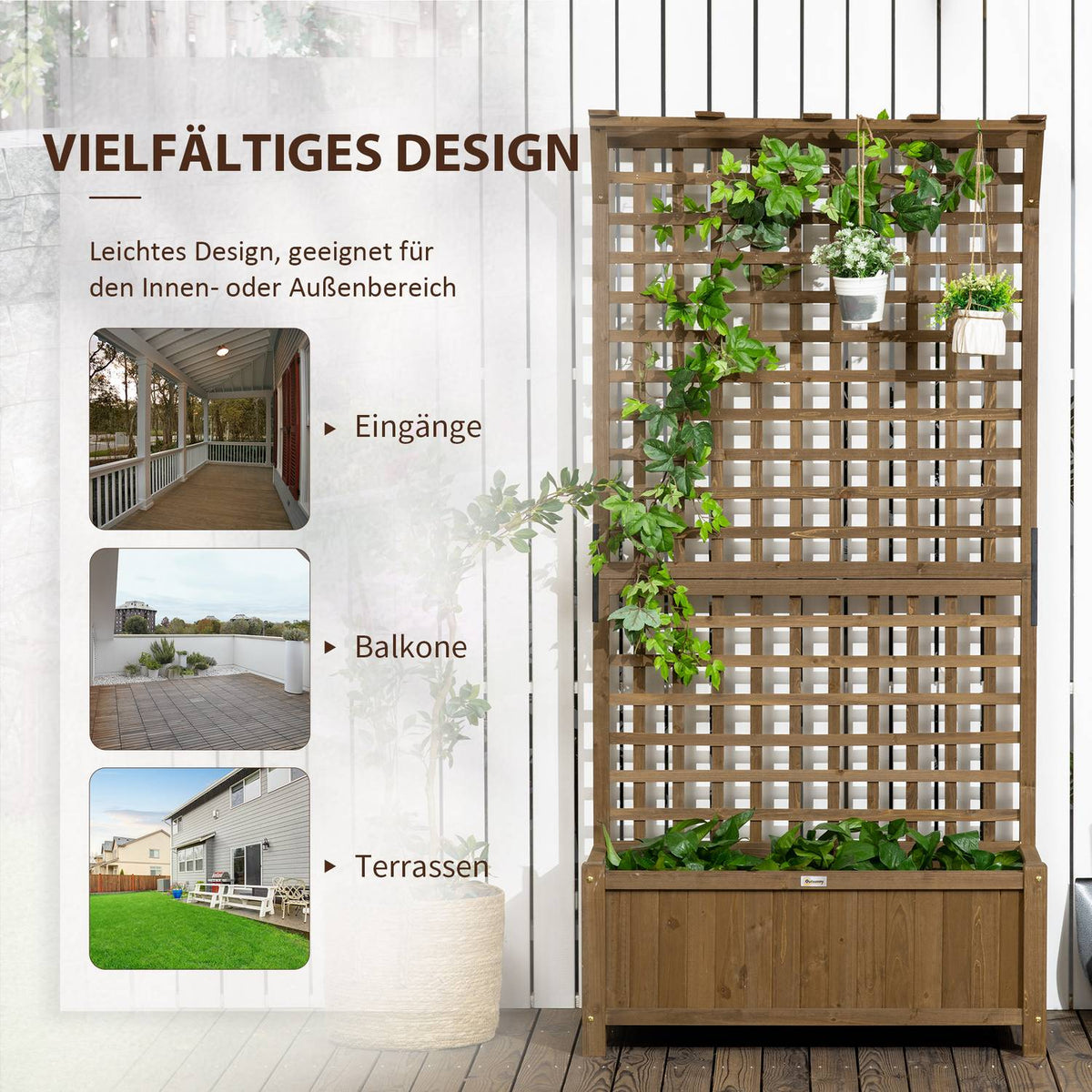 Raised bed plant box with trellis, trellis plant pot, flower box, wood, garden trellis 90 x 45 x 183 cm for garden, balcony, terrace, flower pot for climbing plants, basket plants, flowers