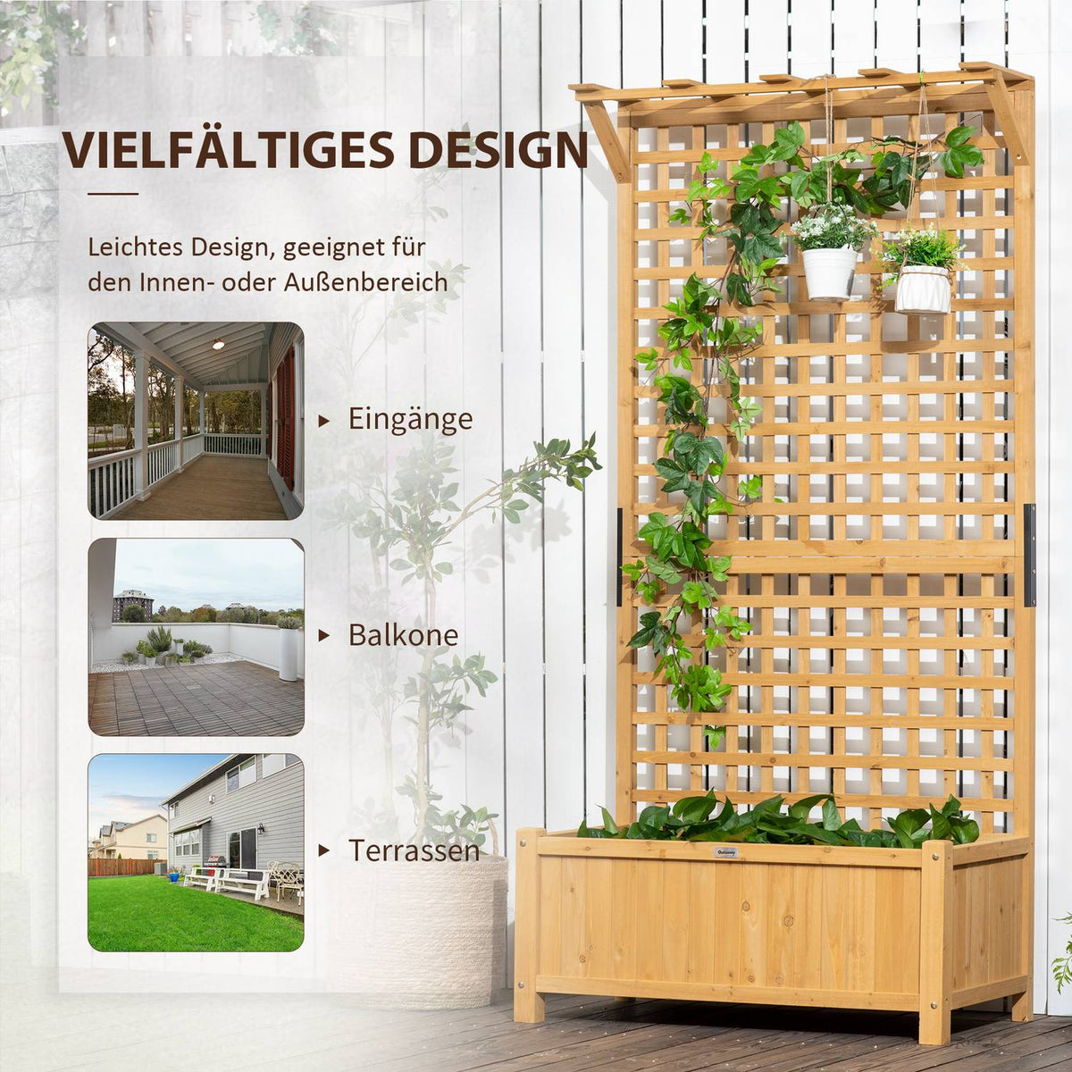 Raised bed plant box with trellis, trellis plant pot, flower box, wood, garden trellis 90 x 45 x 183 cm for garden, balcony, terrace, flower pot for climbing plants, basket plants, flowers