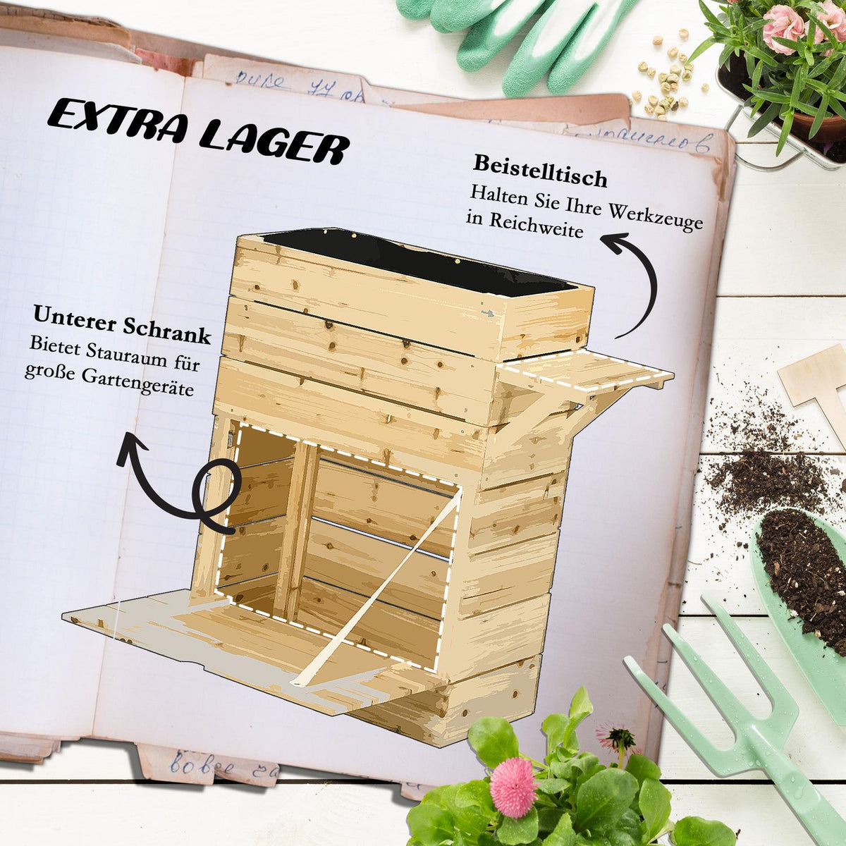 Raised bed planter flower box with table, cupboard vegetable bed for garden, terrace and balcony, wood, natural, 105 x 39.5 x 105 cm