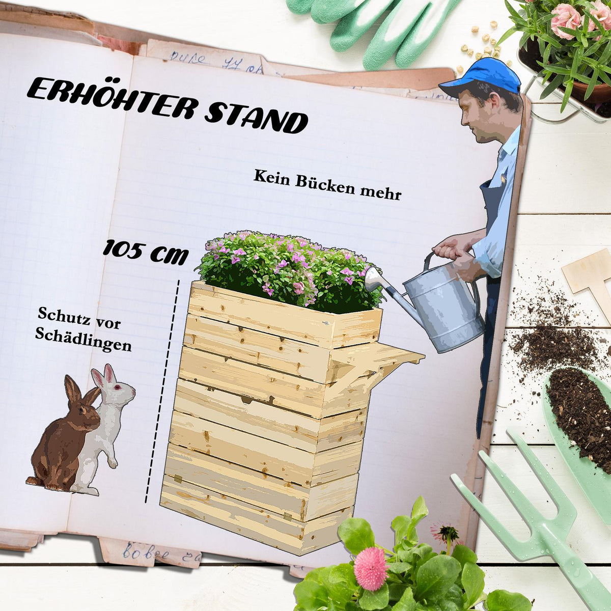 Raised bed planter flower box with table, cupboard vegetable bed for garden, terrace and balcony, wood, natural, 105 x 39.5 x 105 cm