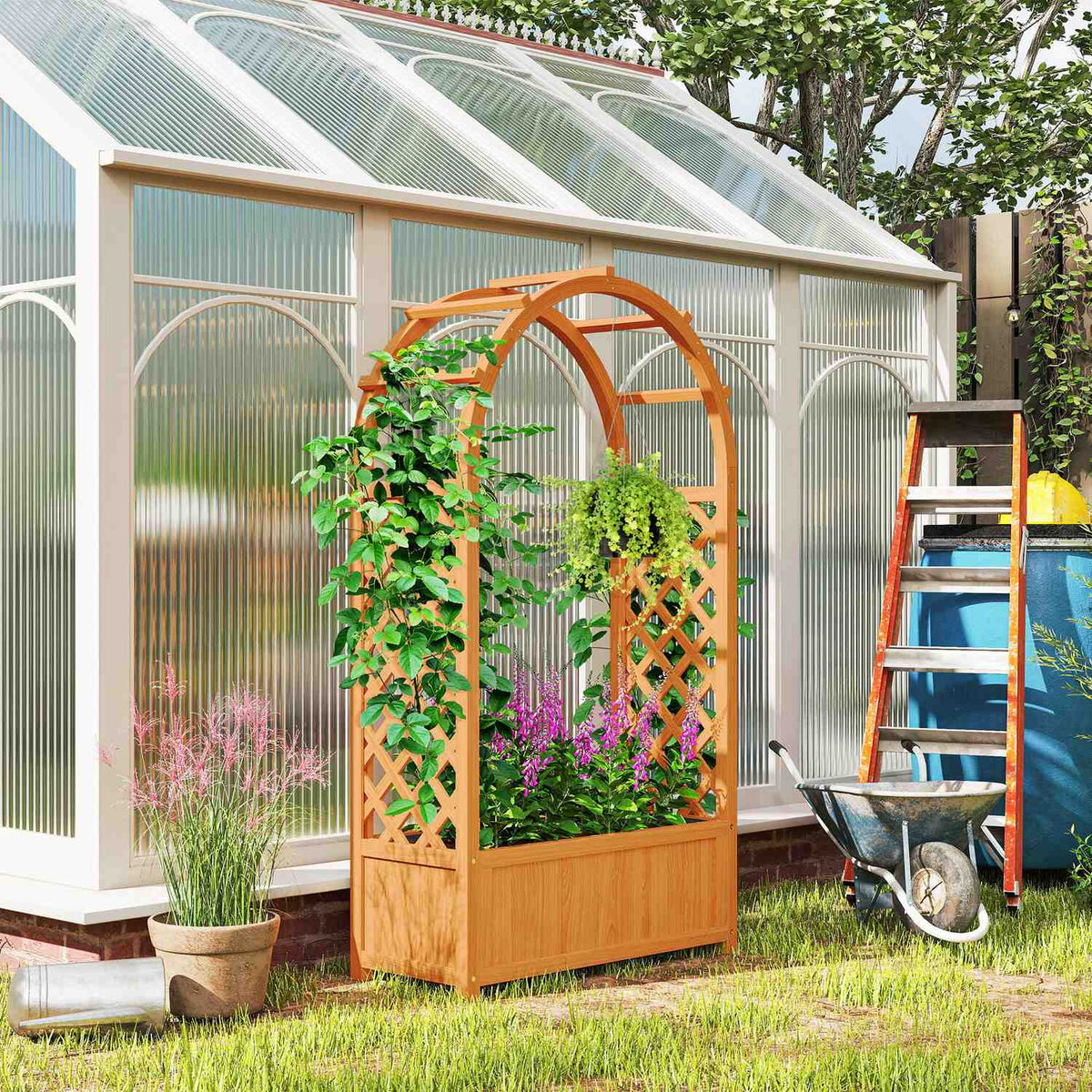 Raised bed planter with trellis, curved roof trellis planter made of wood, garden trellis 83x36x145cm for garden balcony terrace, flower pot for climbing plants, basket plants, flowers