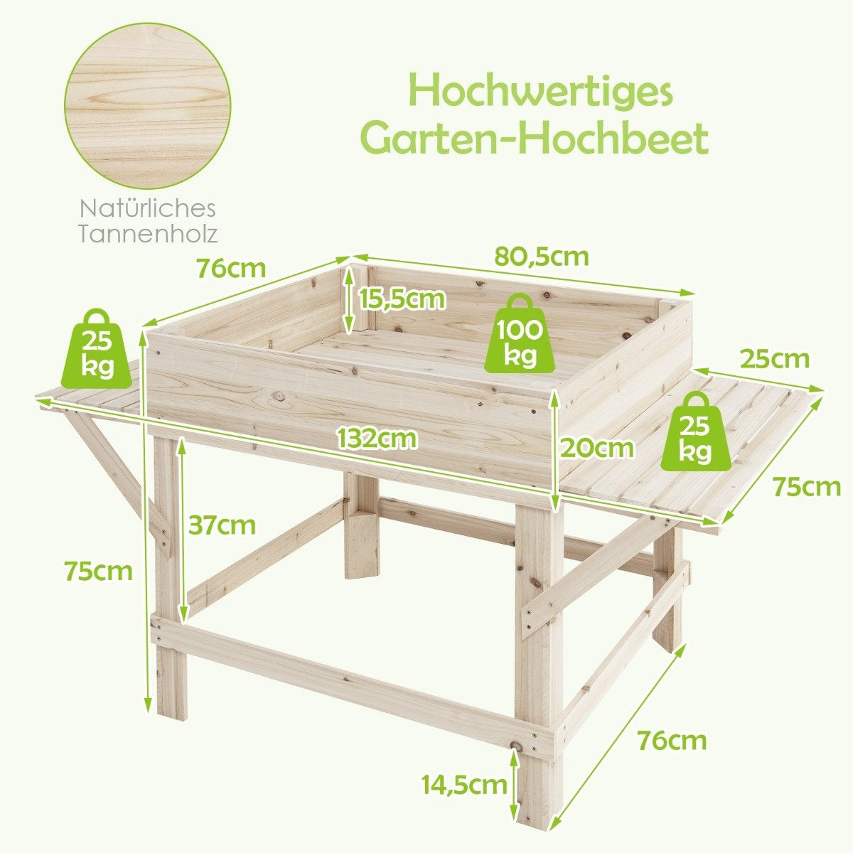 Raised bed with 2 side shelves plant pot wooden plant box flower bed herb bed plant trough natural