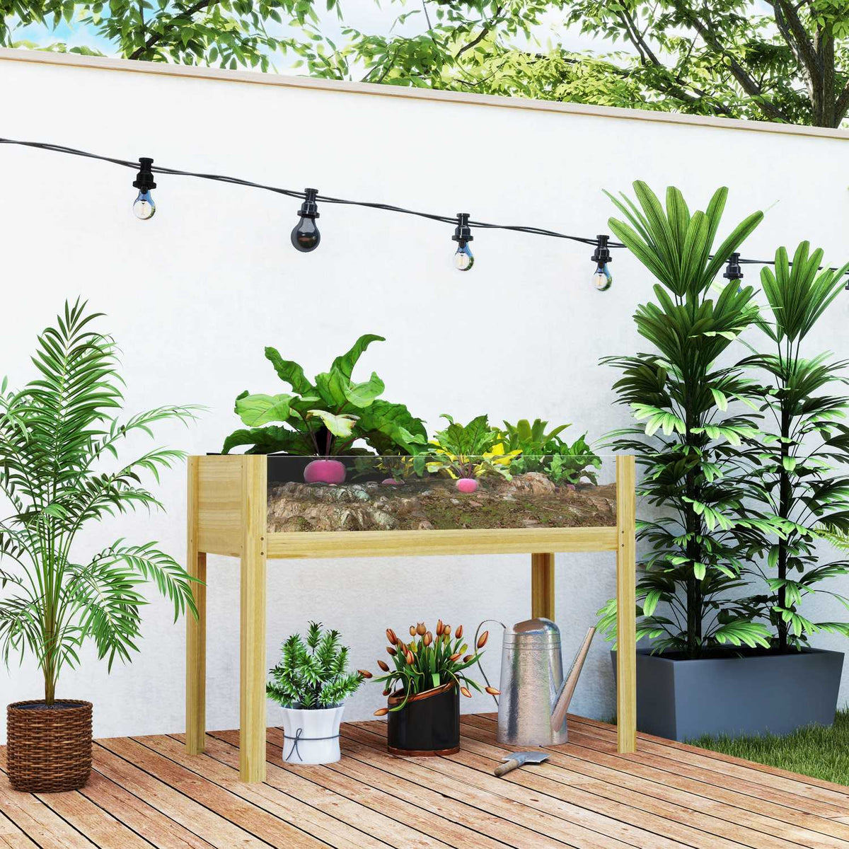 Raised bed with acrylic panels, raised herb bed with drainage holes, wooden plant box, weatherproof vegetable bed, garden bed, plant bed for garden, balcony, 110 x 50 x 80 cm natural wood