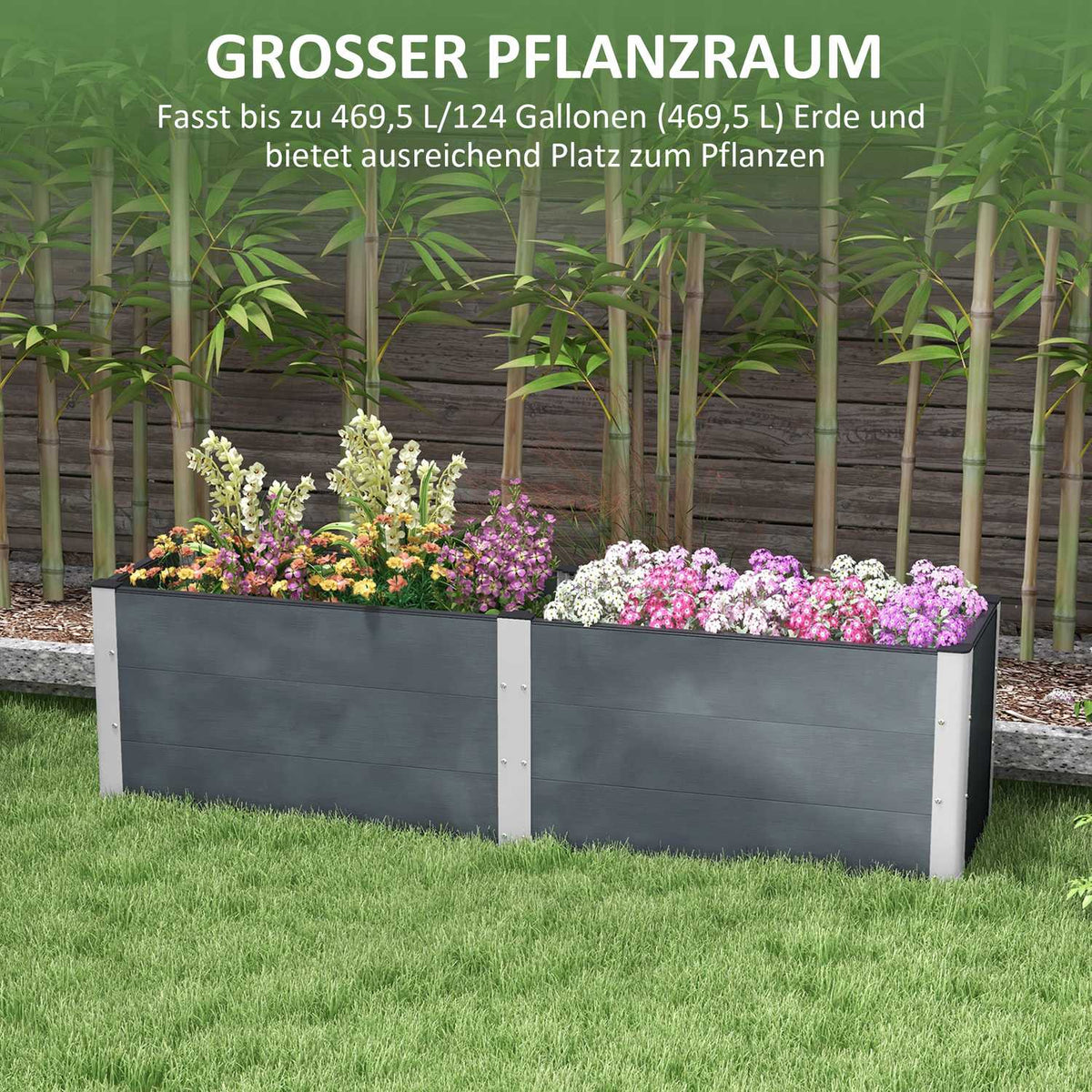 Raised bed with open bottom, gray flower & plant box, vegetable & herb bed 200x50x56cm for garden & balcony