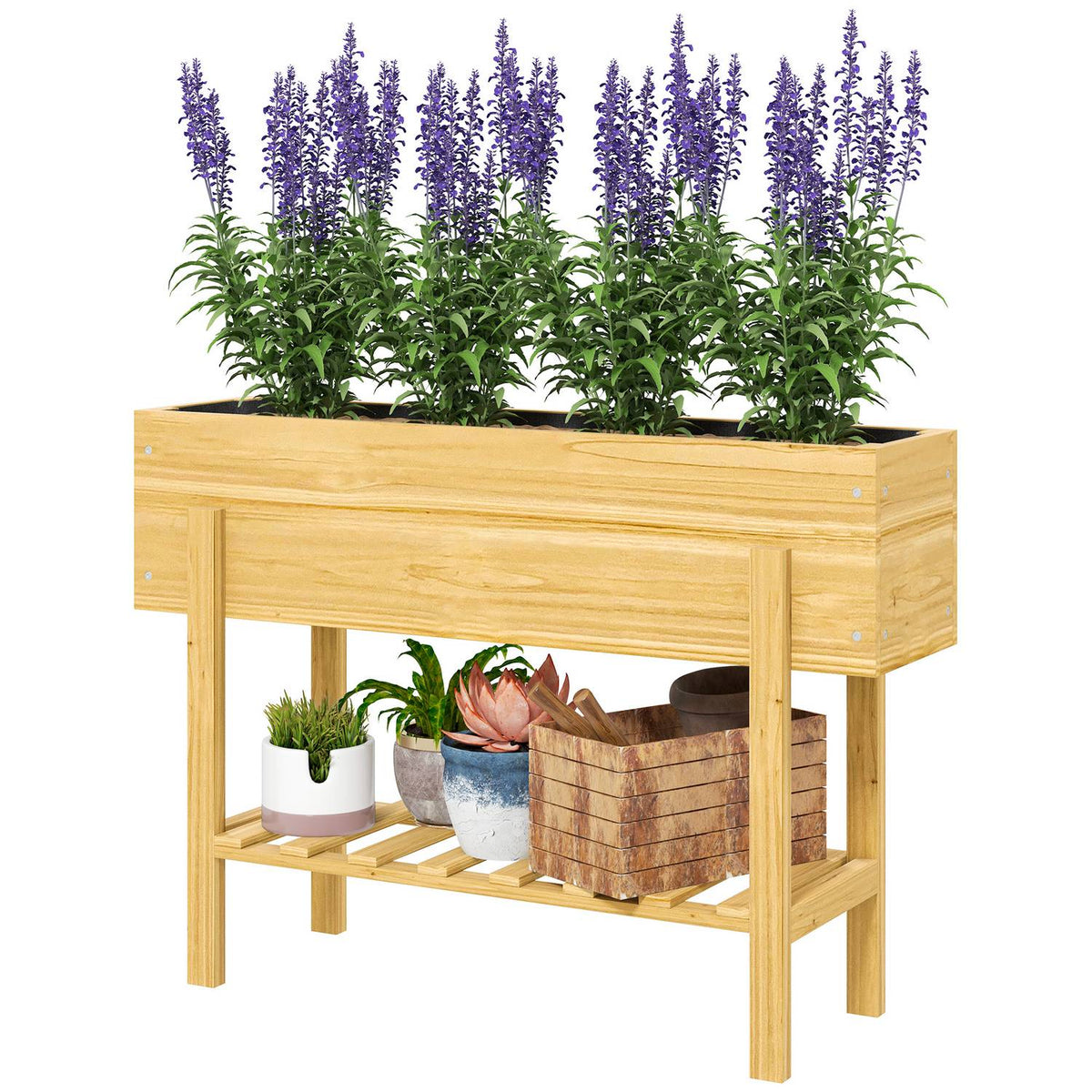 Raised bed with shelf, raised herb bed with drainage holes, wooden plant box, weatherproof vegetable bed, garden bed, plant bed for garden, balcony, 100 x 30 x 70.5 cm natural wood