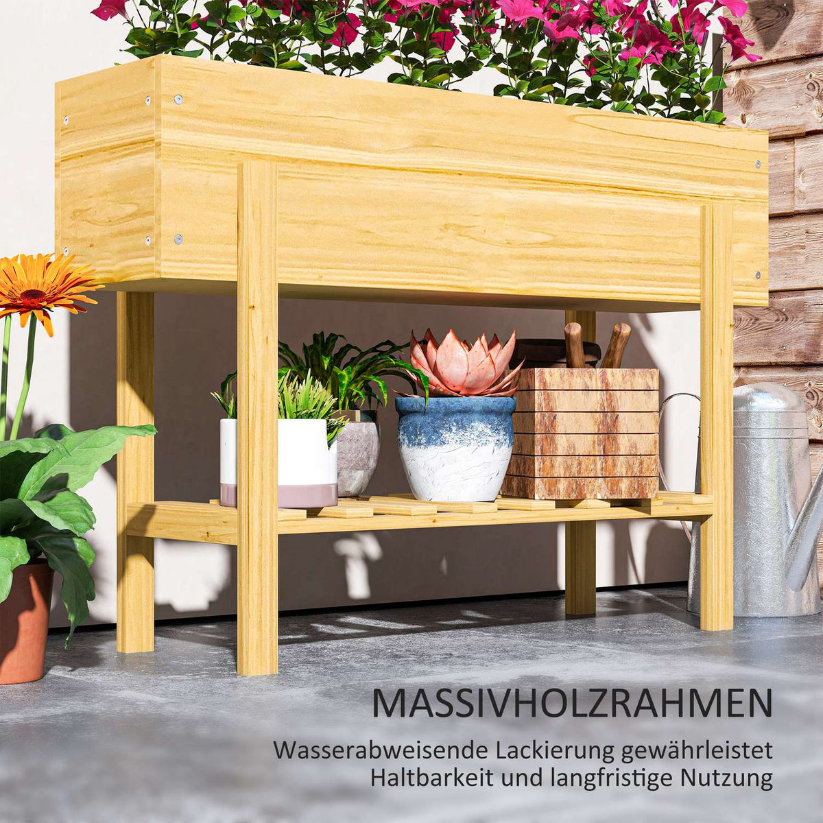 Raised bed with shelf, raised herb bed with drainage holes, wooden plant box, weatherproof vegetable bed, garden bed, plant bed for garden, balcony, 100 x 30 x 70.5 cm natural wood