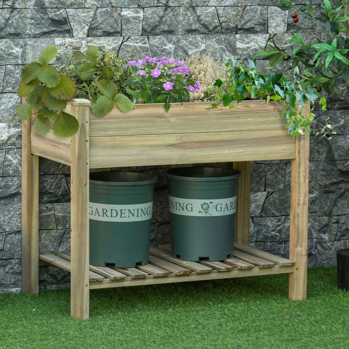 Raised bed with shelf, raised herb bed with drainage holes, wooden plant box, weatherproof vegetable bed, garden bed, plant bed for garden, balcony, terrace, 91 x 51 x 76 cm, green