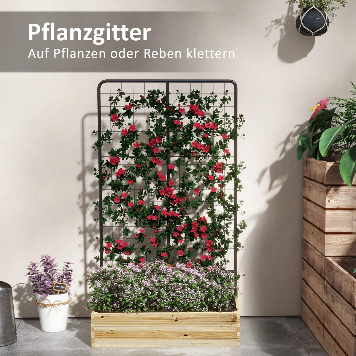 Raised bed with trellis, wooden planter box, herb bed, flower box for garden, balcony, natural wood, 80 x 38 x 145 cm
