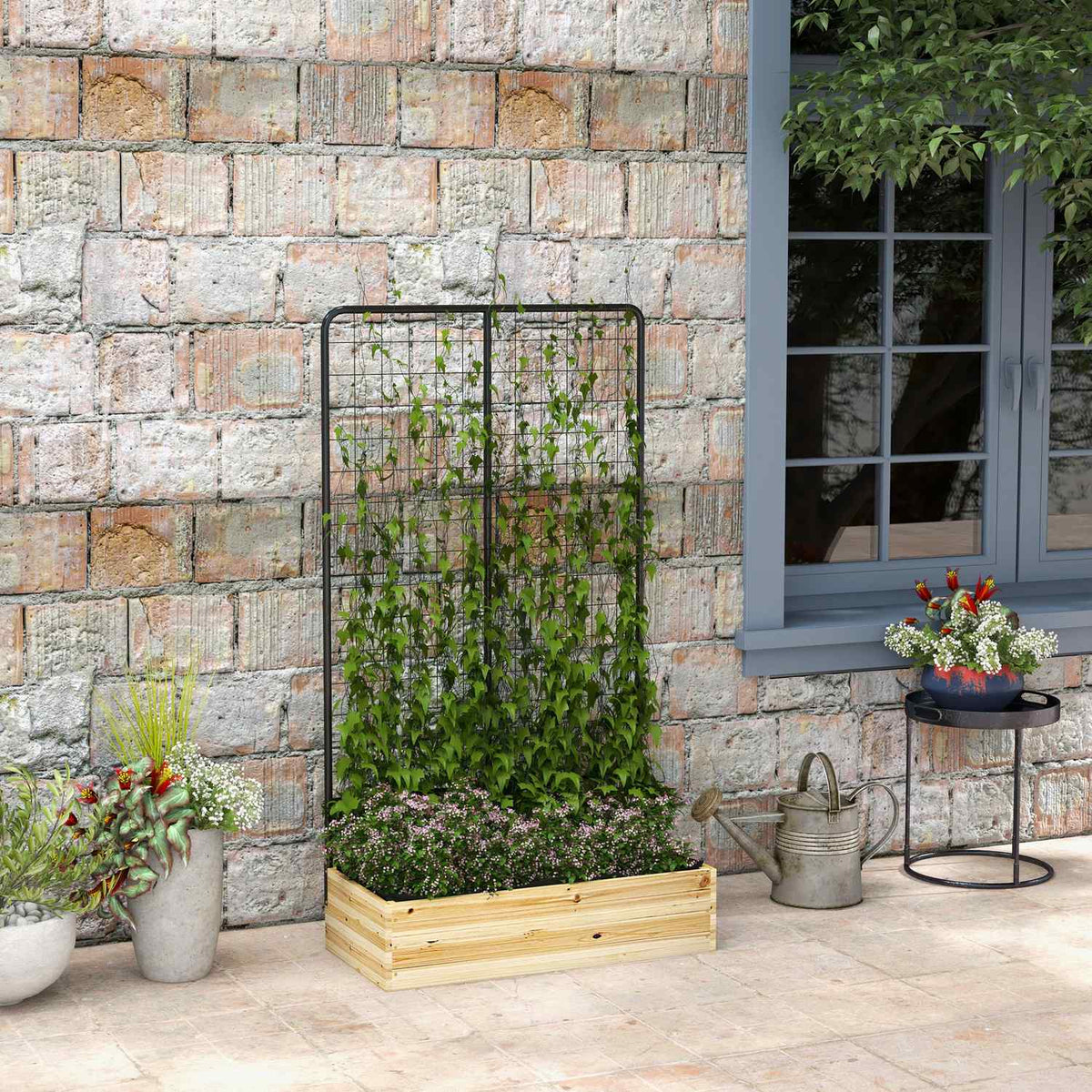 Raised bed with trellis, wooden planter box, herb bed, flower box for garden, balcony, natural wood, 80 x 38 x 145 cm