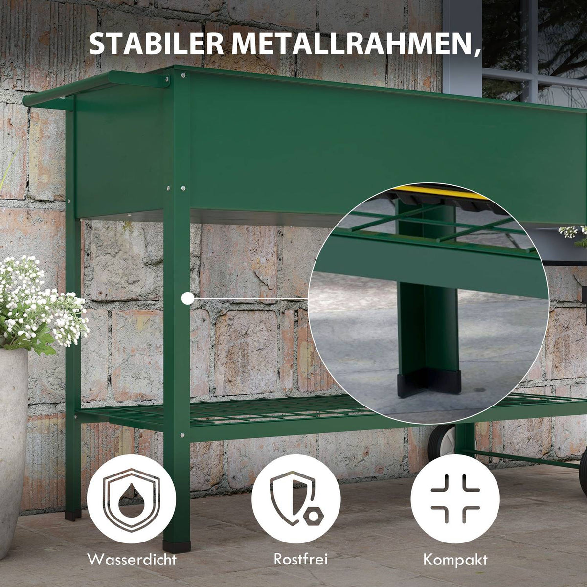 Raised bed with wheels, shelf, herb bed, plant bed, metal for garden, balcony, green, 109 x 44 x 80 cm
