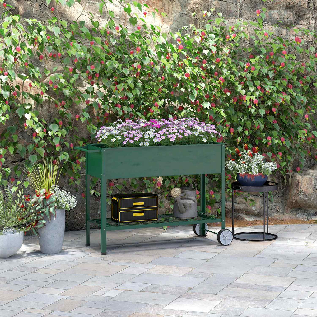 Raised bed with wheels, shelf, herb bed, plant bed, metal for garden, balcony, green, 109 x 44 x 80 cm