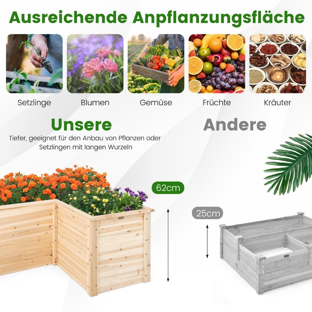 Raised bed wooden planter for balcony garden terrace herb bed flower box 120 x 120 x 63 cm natural