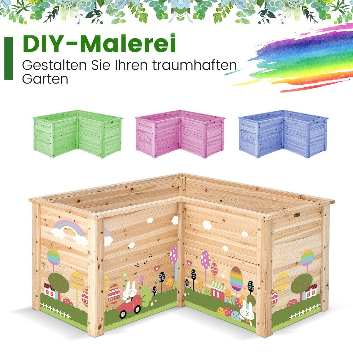 Raised bed wooden planter for balcony garden terrace herb bed flower box 120 x 120 x 63 cm natural