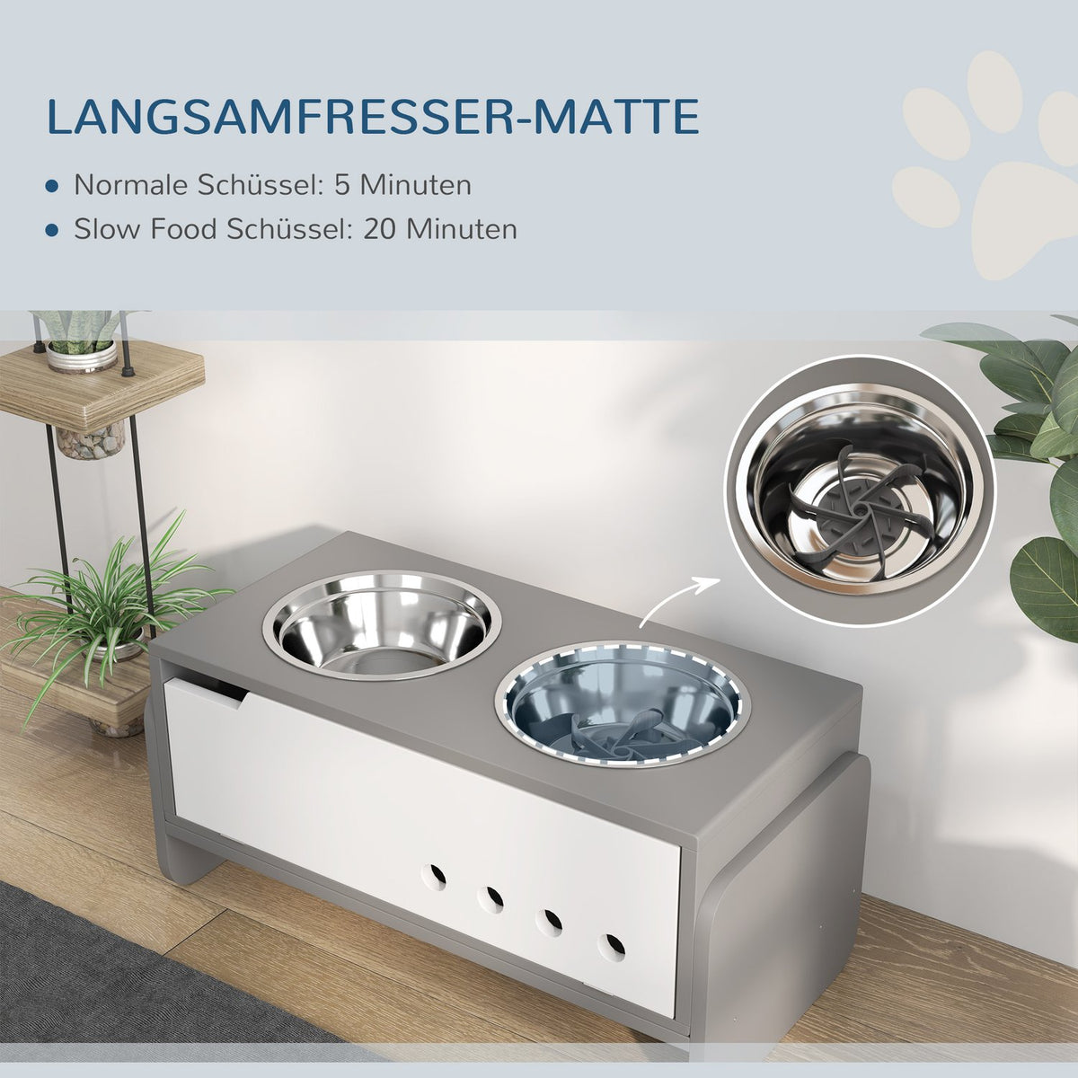 Raised dog bowl, 3 levels of height-adjustable food bowl for dogs with storage space, anti-sling mat, feeding bowl with 2 x 2L stainless steel bowls, for medium to extra large dogs, gray