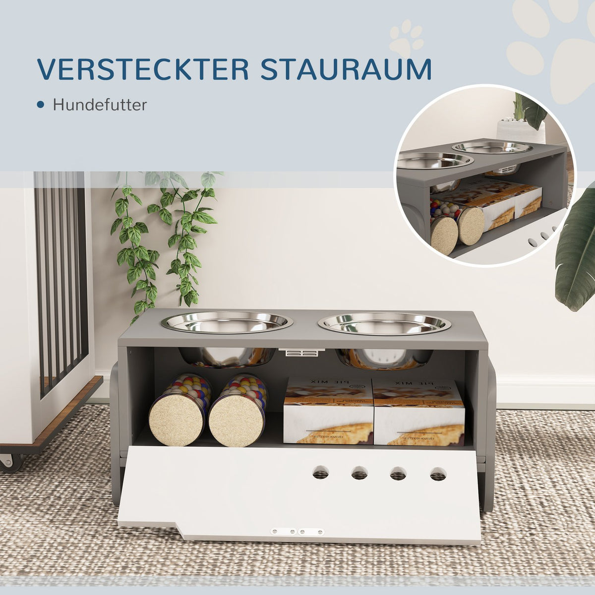 Raised dog bowl, 3 levels of height-adjustable food bowl for dogs with storage space, anti-sling mat, feeding bowl with 2 x 2L stainless steel bowls, for medium to extra large dogs, gray