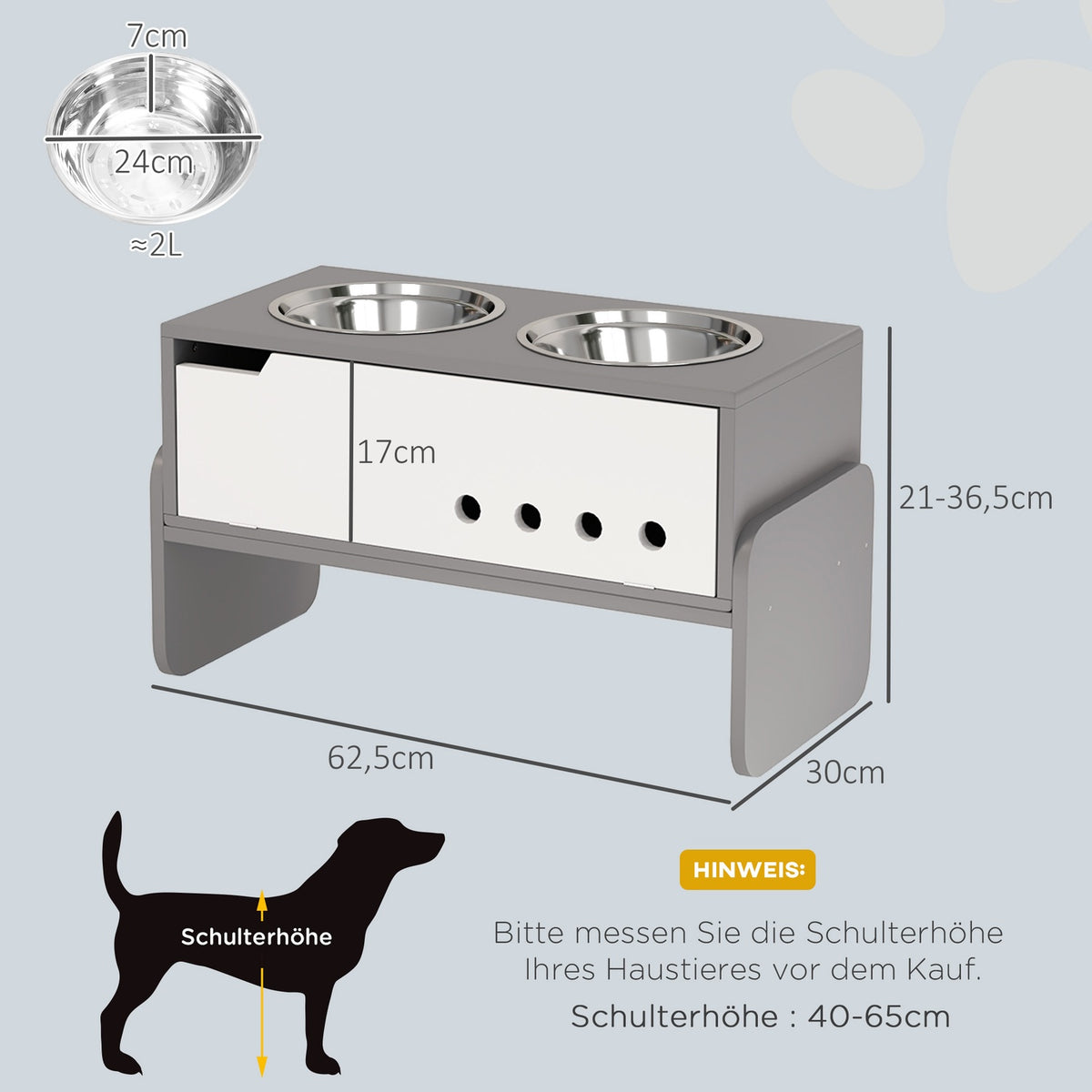 Raised dog bowl, 3 levels of height-adjustable food bowl for dogs with storage space, anti-sling mat, feeding bowl with 2 x 2L stainless steel bowls, for medium to extra large dogs, gray