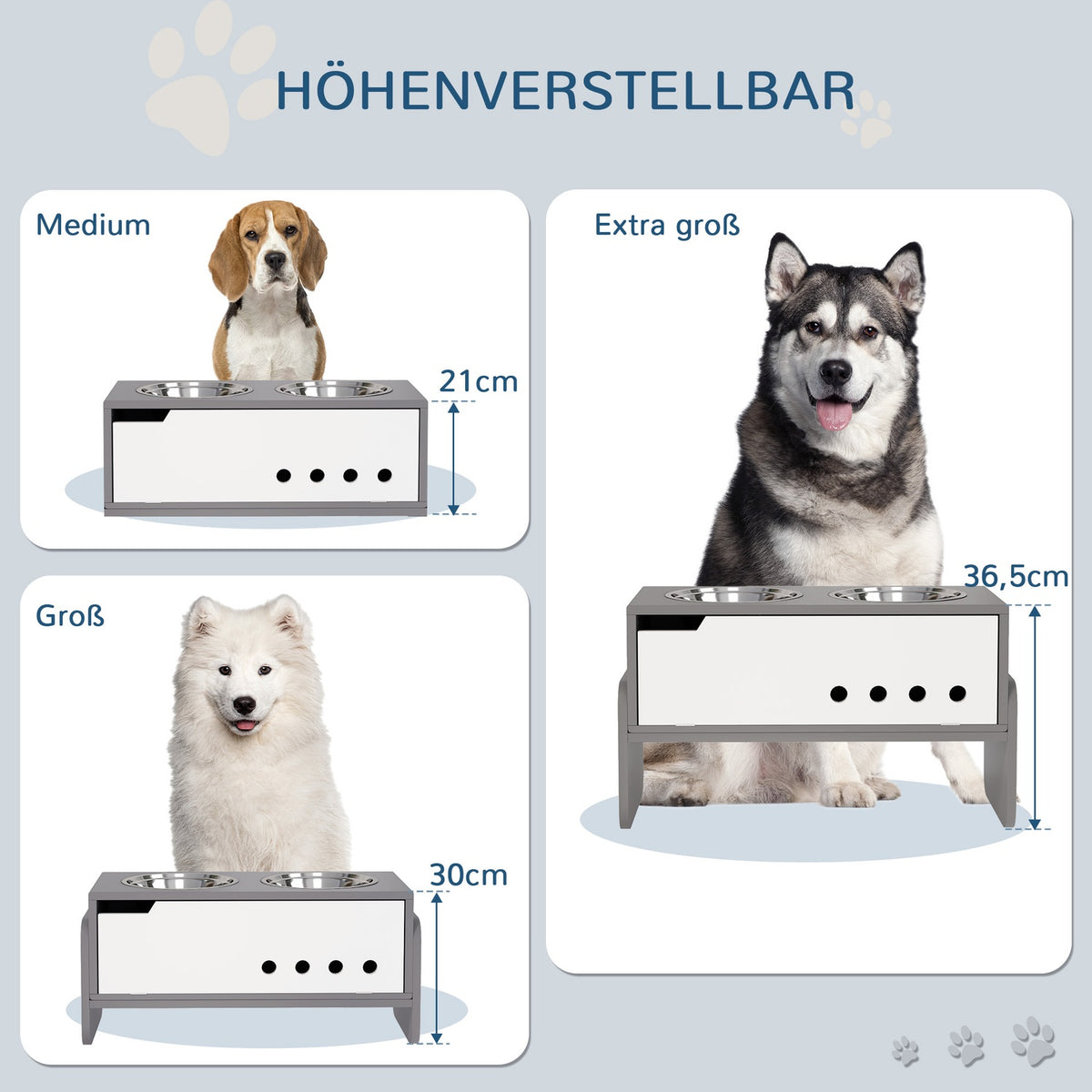 Raised dog bowl, 3 levels of height-adjustable food bowl for dogs with storage space, anti-sling mat, feeding bowl with 2 x 2L stainless steel bowls, for medium to extra large dogs, gray