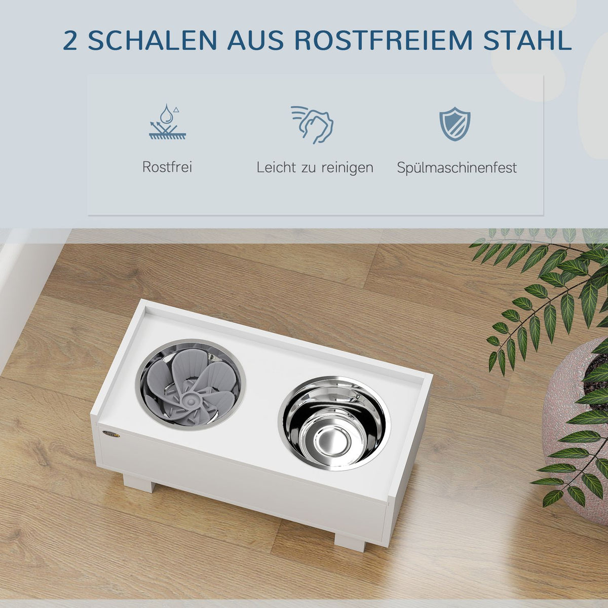 Raised dog bowl, height-adjustable food bowl for dogs with storage space, 2 x 1L stainless steel bowls, feeding bowl with anti-sling mat, for medium-sized dogs, white