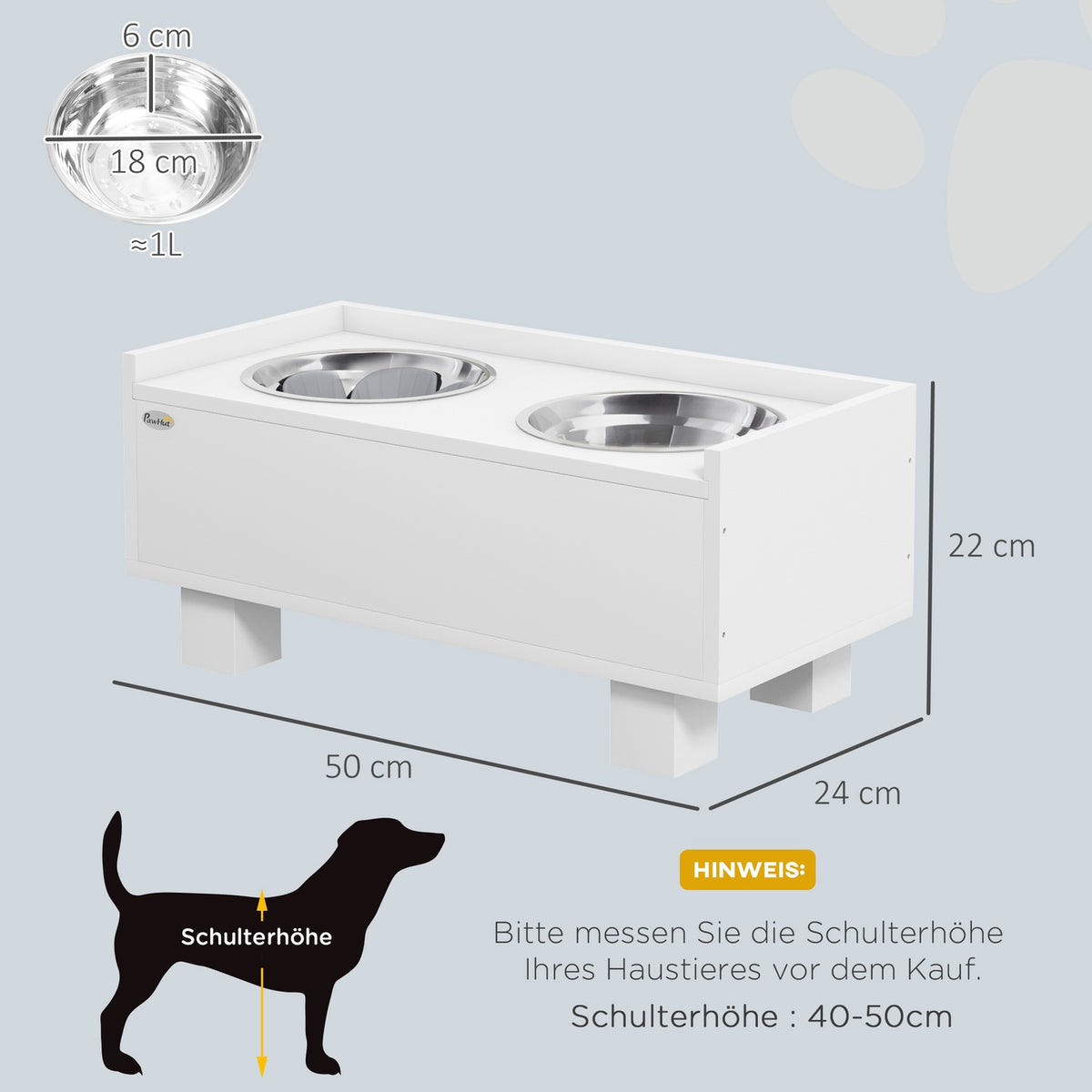 Raised dog bowl, height-adjustable food bowl for dogs with storage space, 2 x 1L stainless steel bowls, feeding bowl with anti-sling mat, for medium-sized dogs, white