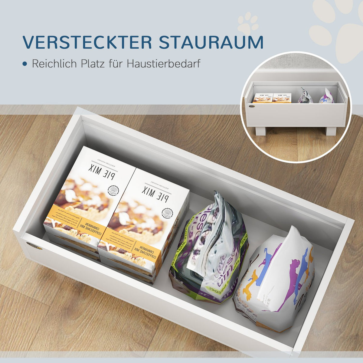 Raised dog bowl, height-adjustable food bowl for dogs with storage space, 2 x 1L stainless steel bowls, feeding bowl with anti-sling mat, for medium-sized dogs, white