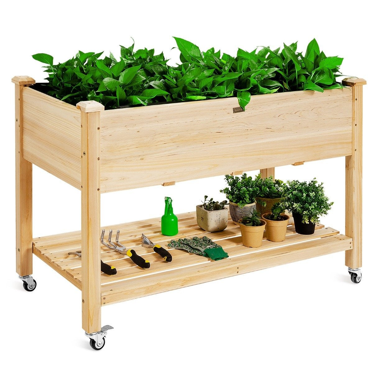 Raised garden bed planter made of wood with lockable wheels 120 x 59 x 84 cm natural