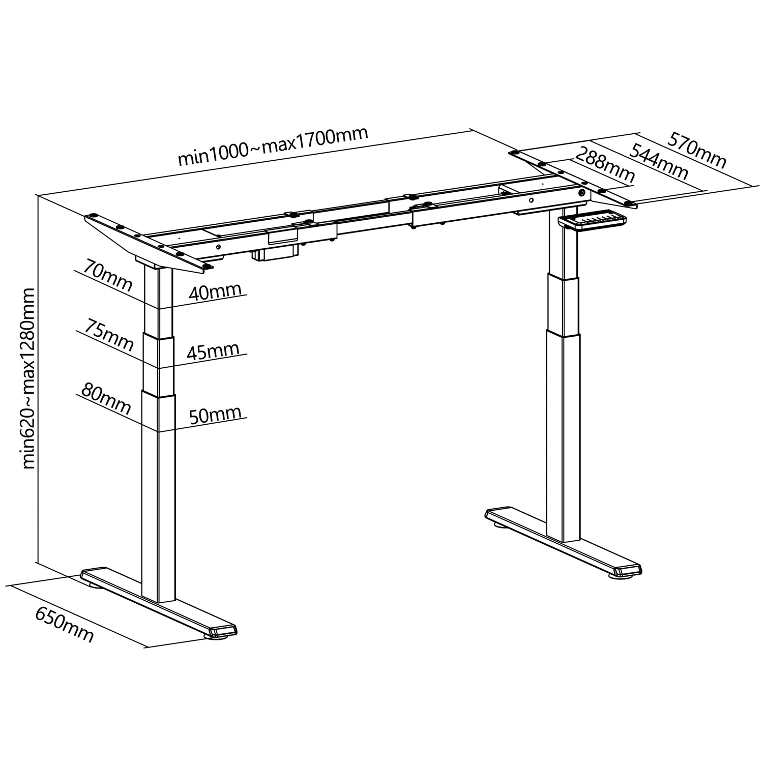 Raised/lowered desk frame Motorized White