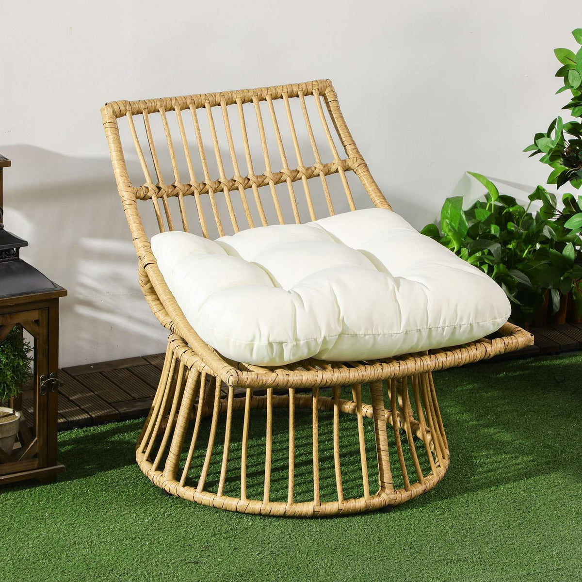 Rat Swivel Chair, Wicker Chair, Garden Chair With Upholstered Cushion, Adjustable Footrest, Aluminum, Polyester, Natural + Cream, 65 X 70 X 66 Cm