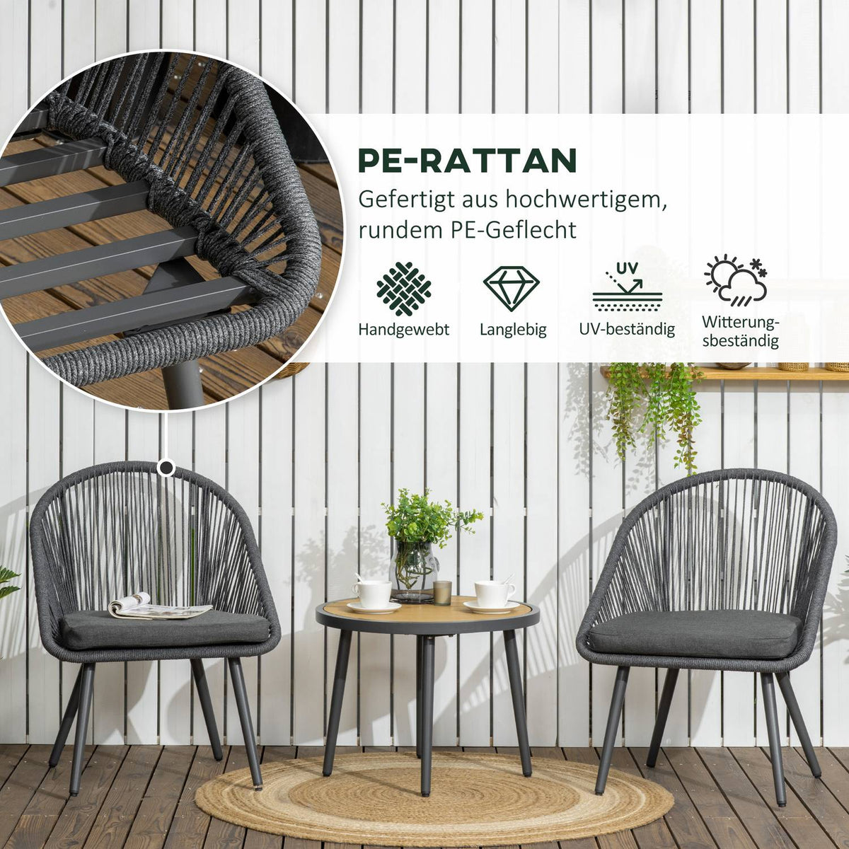 Rattan Balcony Furniture For 2 People Garden Seating Group With Cushions Adjustable Feet Aluminum Dark Gray