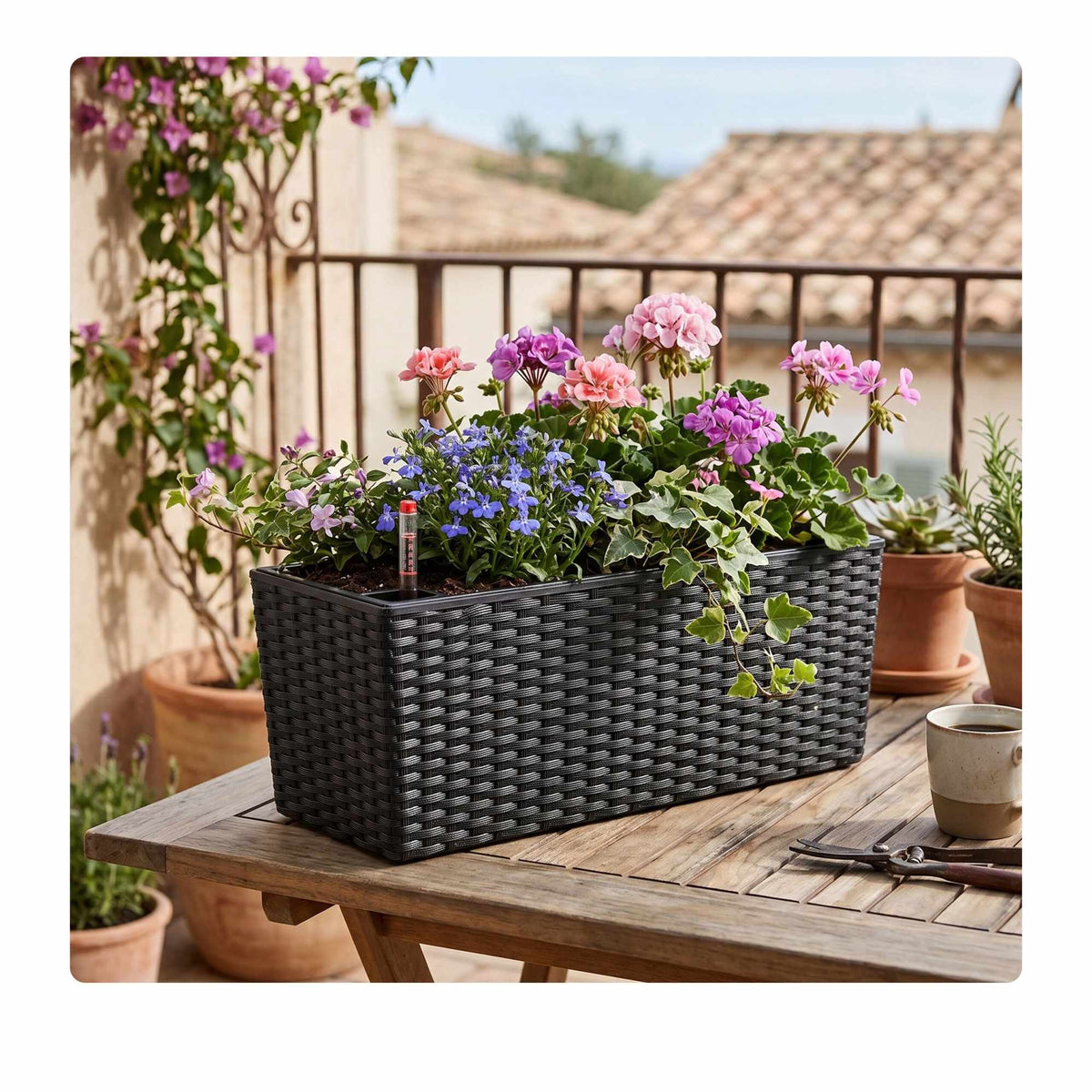 Rattan Balcony Planter with Water Level Indicator, Black