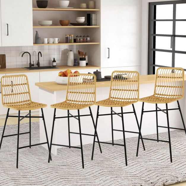 Rattan Bar Stools, Set of 2, 27-Inch Seat, Yellow
