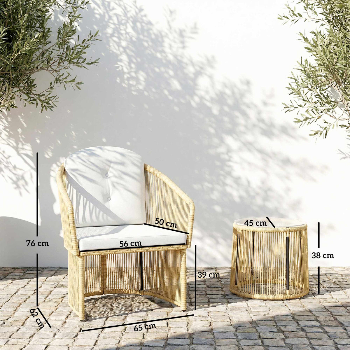 Rattan Bistro Set with Cushions – Table & 2 Chairs