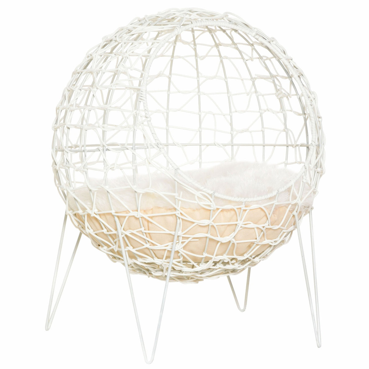 Rattan Cat Basket Cat Cave With Cushion Raised Design Pet Bed Cream White Ø45X57H Cm
