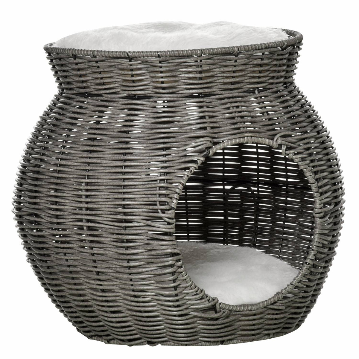 Rattan Cat Basket Two-Tier Cat Bed With 2 Cushions, Dark Gray, Ø50X43.5Cm