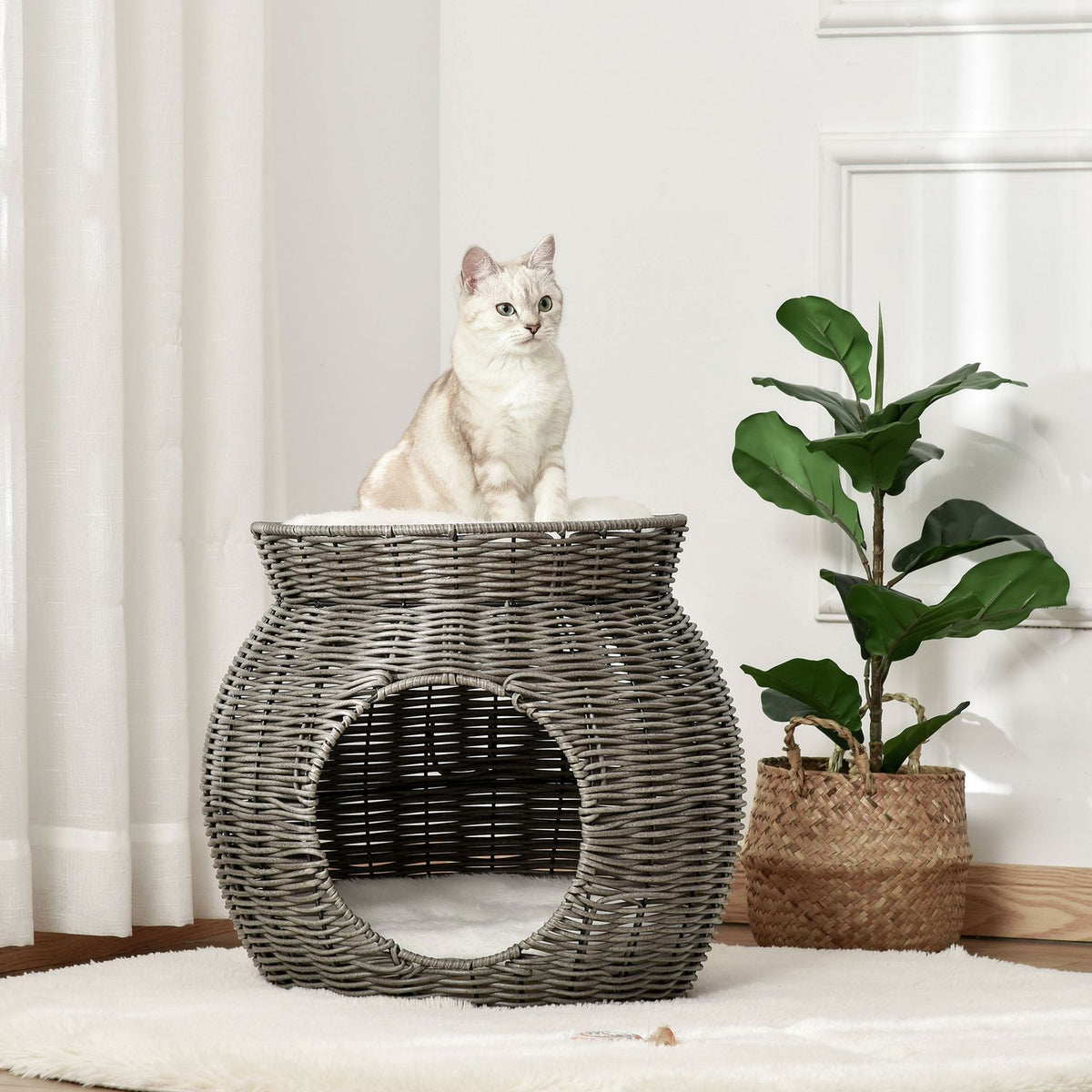 Rattan Cat Basket Two-Tier Cat Bed With 2 Cushions, Dark Gray, Ø50X43.5Cm
