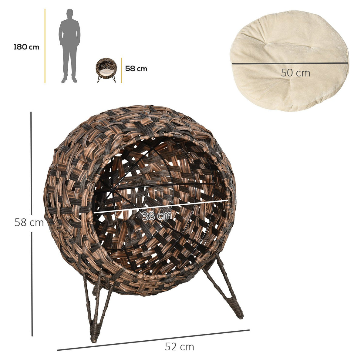 Rattan Cat Bed Cushion Raised Feet Cat Sleeping Place Brown Ø52X58Cm