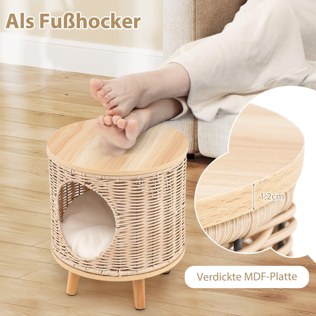 Rattan Cat Bed with Wood Legs & Removable Cushion