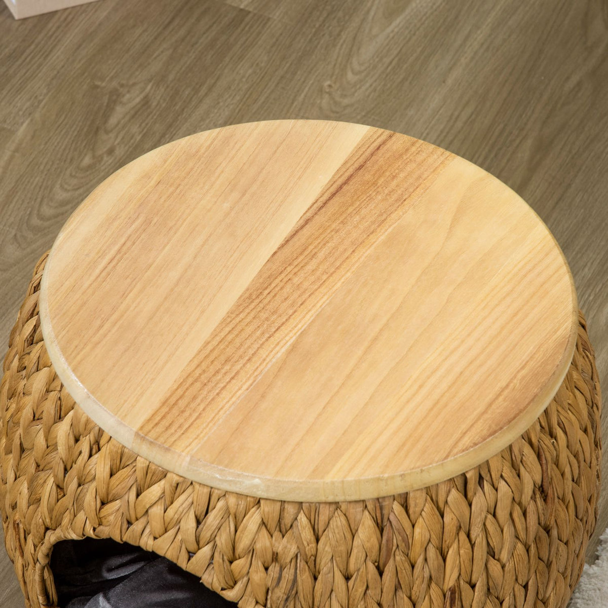 Rattan Cat Cave 2-In-1 Design Cat Basket With Cushion Pet Bed Water Hyacinth Grass Paulownia Wood Light Brown + Gray 44 X 43 X 42 Cm