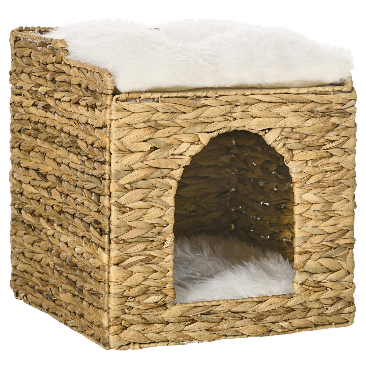 Rattan Cat Cave 2-Level Cushion Water Hyacinth Brown Up To 5Kg