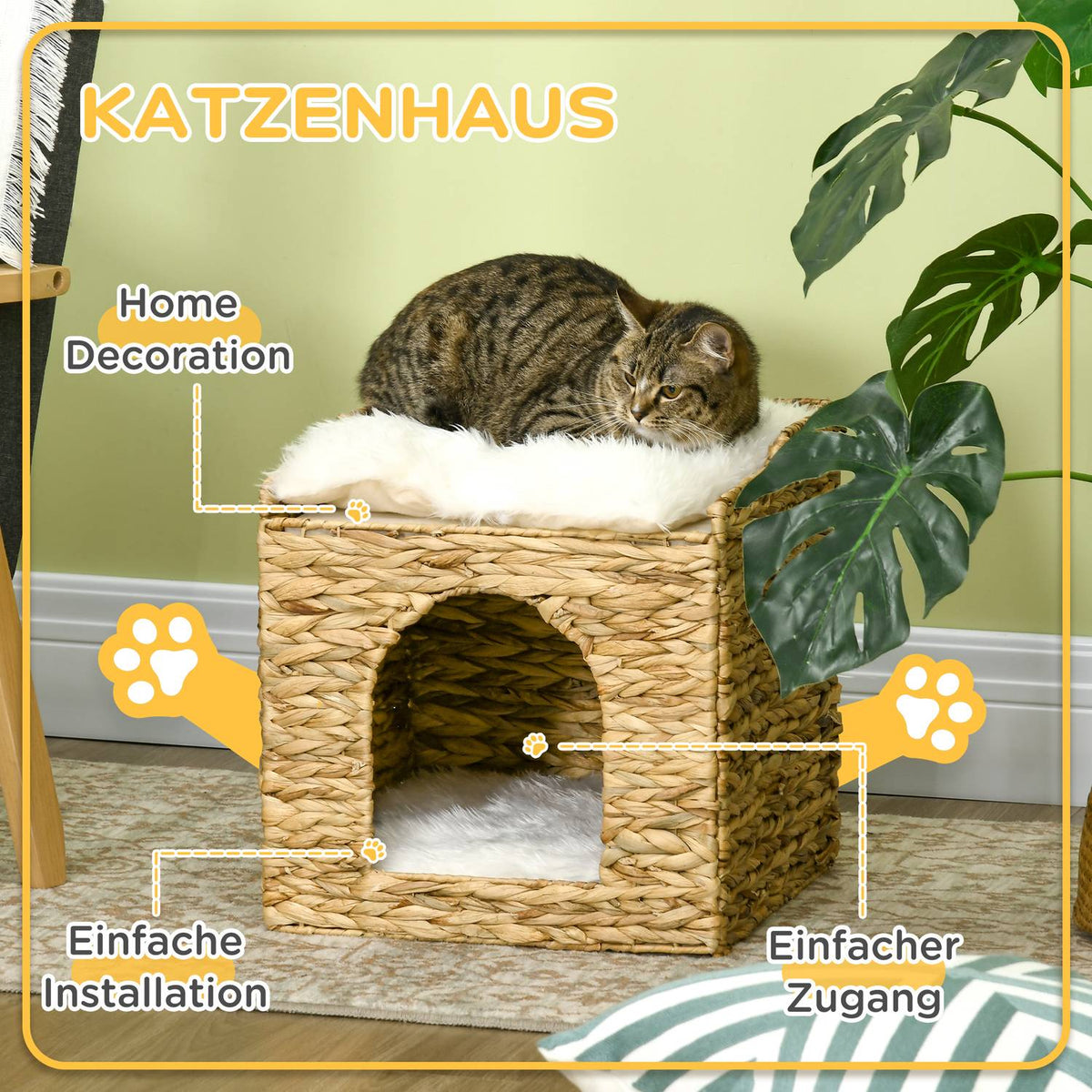 Rattan Cat Cave 2-Level Cushion Water Hyacinth Brown Up To 5Kg