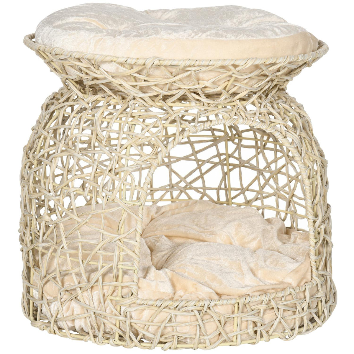 Rattan Cat Cave 2 Tier Cat House With Cushions, Cat Basket For Living Room, Bedroom, Beige, 42X42X40Cm