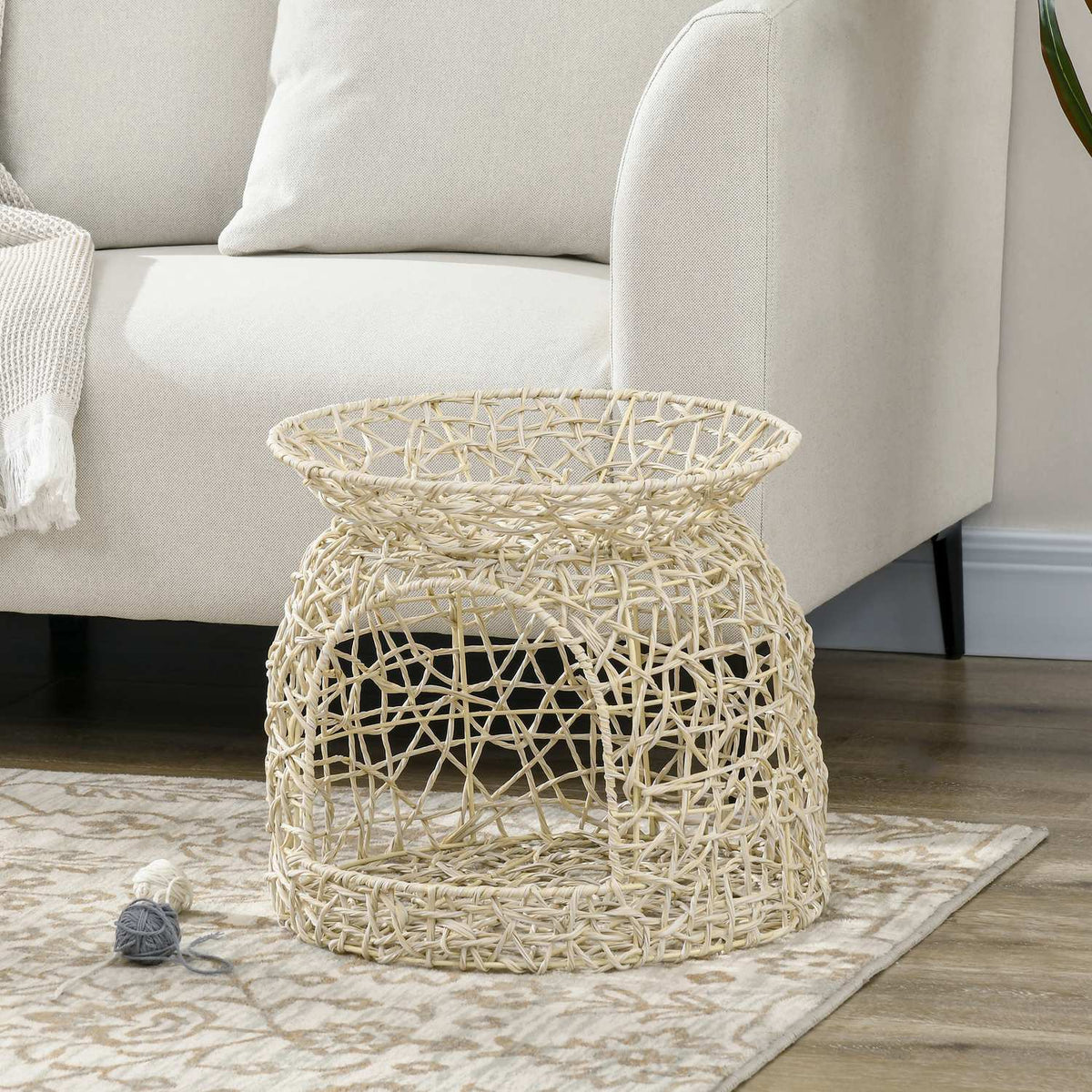 Rattan Cat Cave 2 Tier Cat House With Cushions, Cat Basket For Living Room, Bedroom, Beige, 42X42X40Cm
