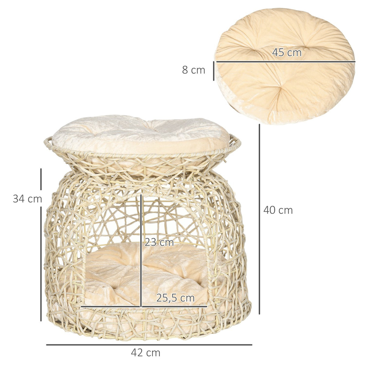 Rattan Cat Cave 2 Tier Cat House With Cushions, Cat Basket For Living Room, Bedroom, Beige, 42X42X40Cm