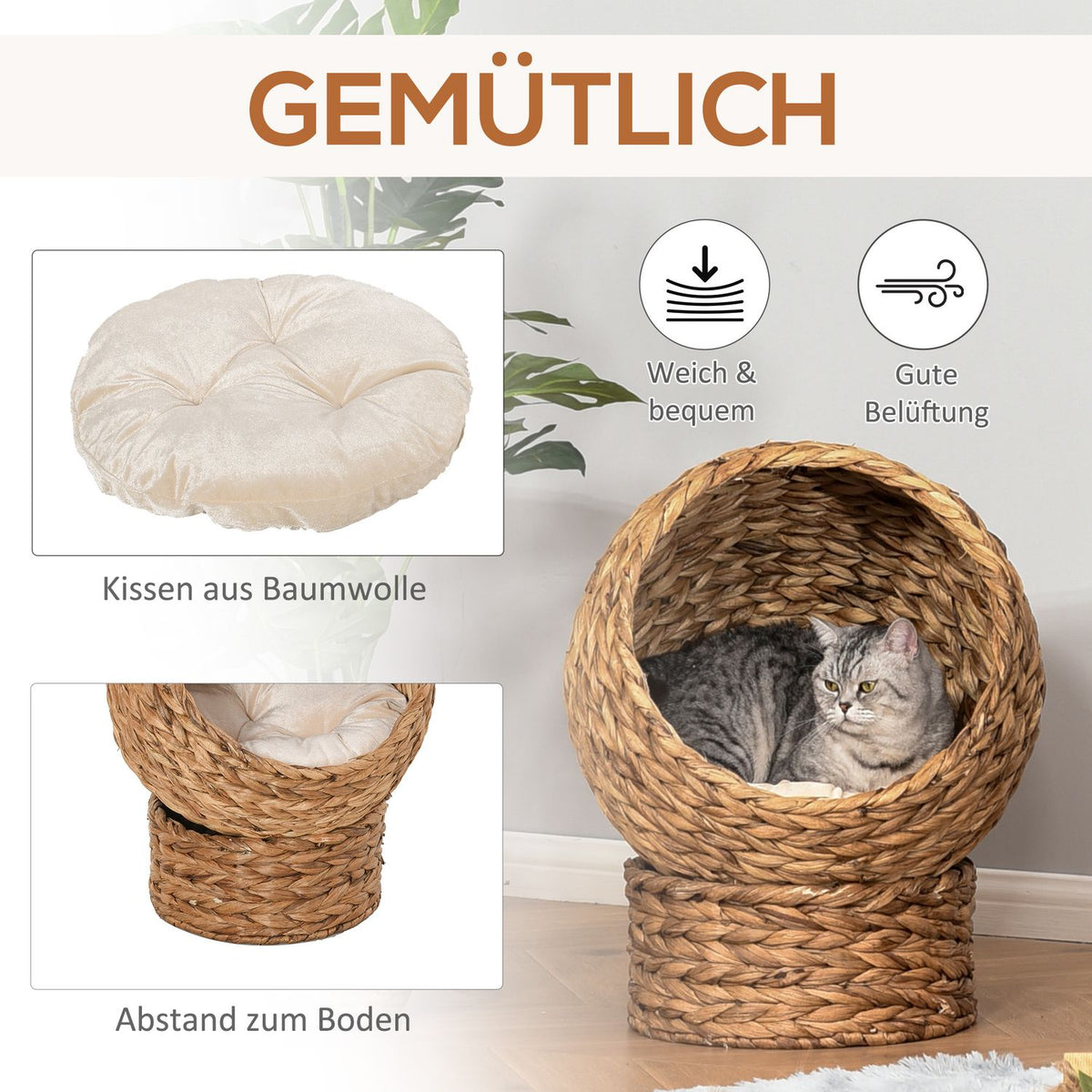 Rattan Cat Cave Cat Bed With Cushion, Water Hyacinth Pet Bed, Light Brown, 50X42X60Cm