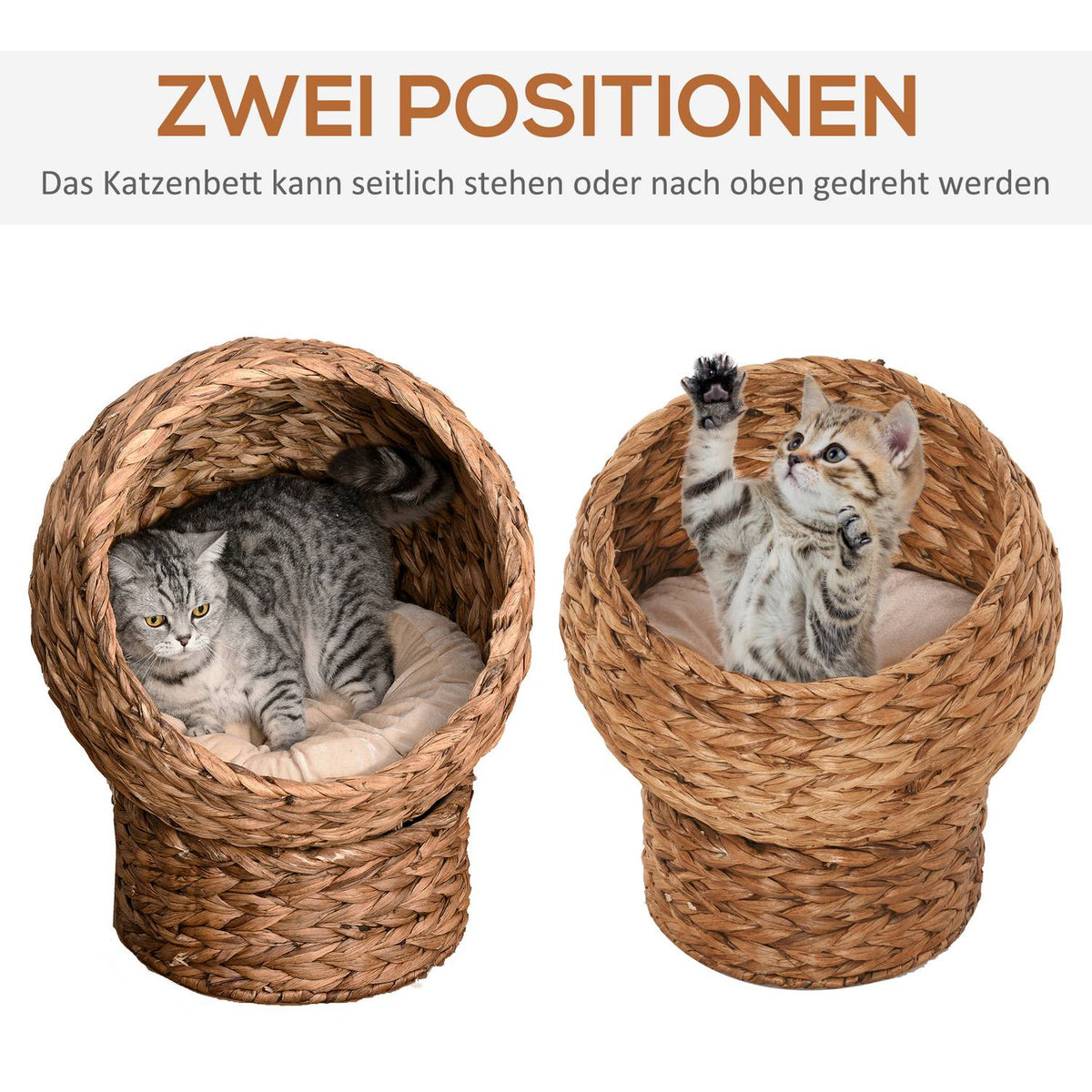 Rattan Cat Cave Cat Bed With Cushion, Water Hyacinth Pet Bed, Light Brown, 50X42X60Cm