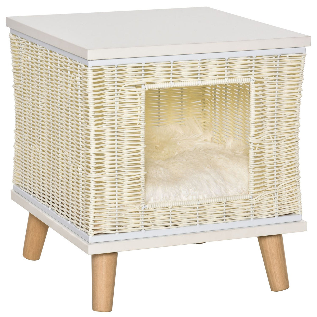 Rattan Cat Cave Natural Cat Sleeping Place With Cushion, Rattan Cat Basket, Beige+White+Natural