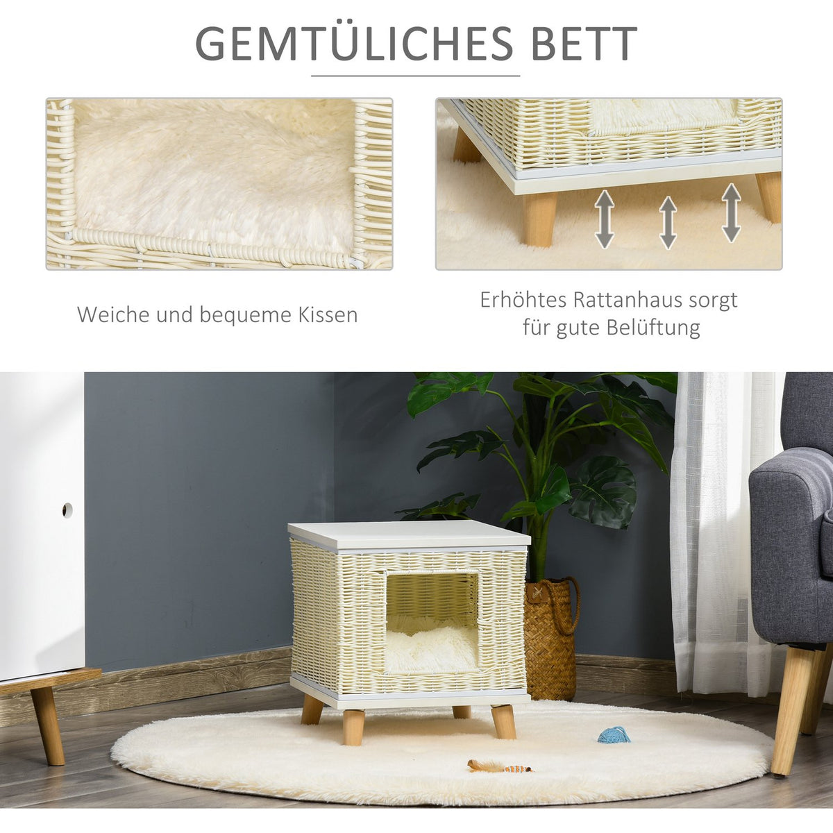 Rattan Cat Cave Natural Cat Sleeping Place With Cushion, Rattan Cat Basket, Beige+White+Natural