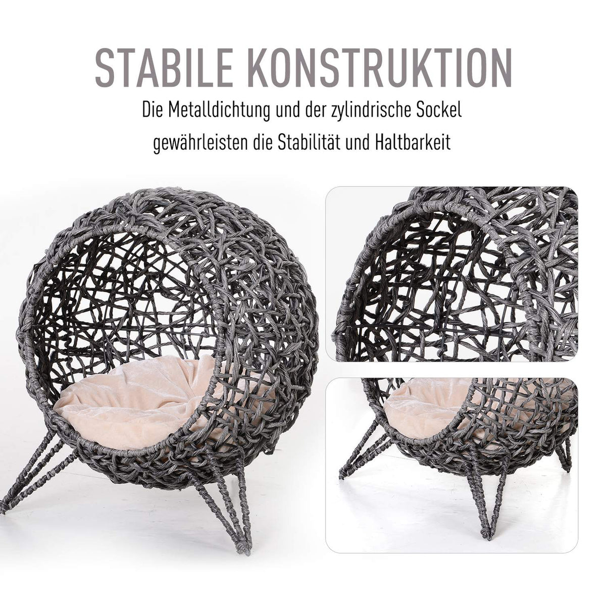 Rattan Cat House Elegant Cat Cave With Cushions, Raised Feet, Silver Grey, Ø52X58Cm