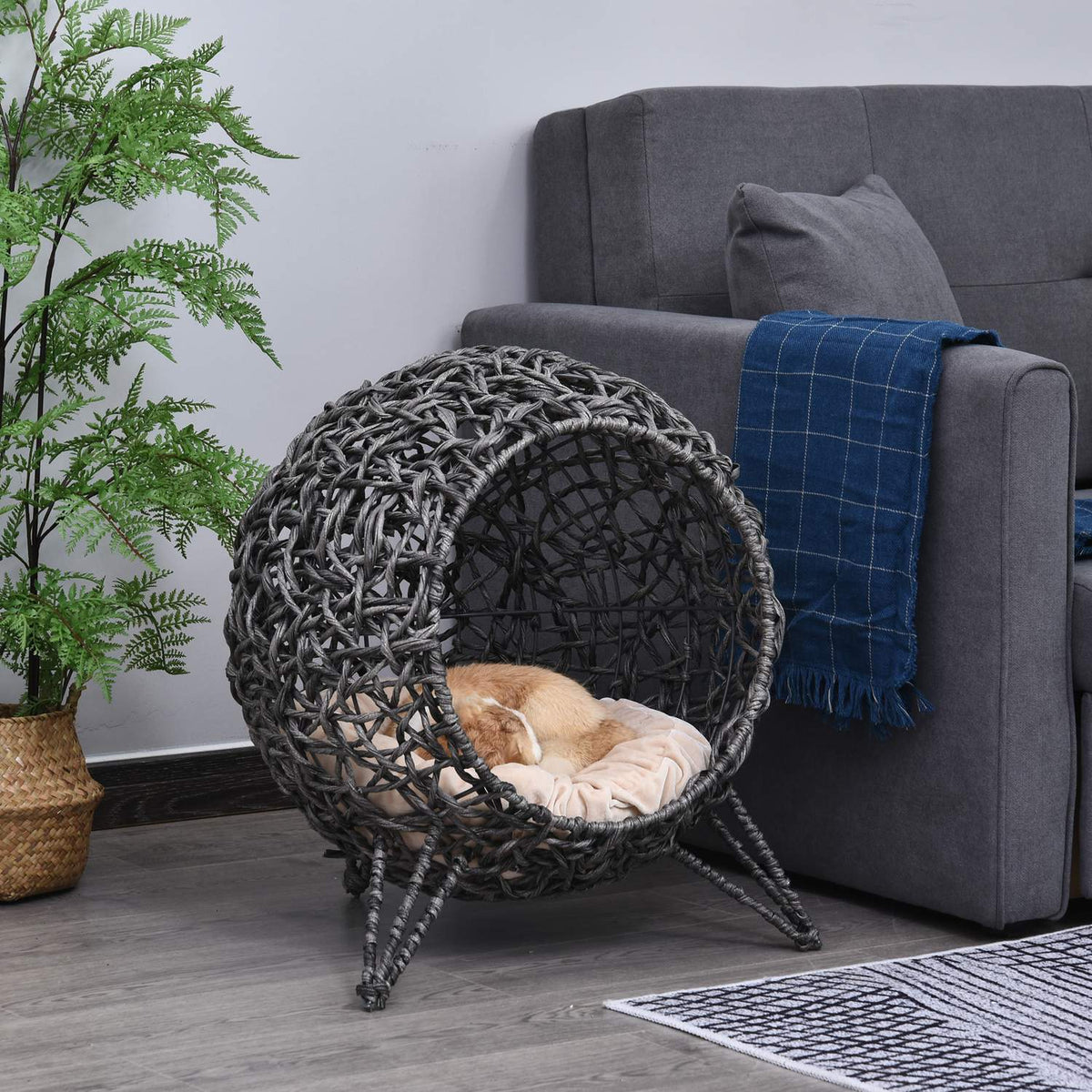 Rattan Cat House Elegant Cat Cave With Cushions, Raised Feet, Silver Grey, Ø52X58Cm
