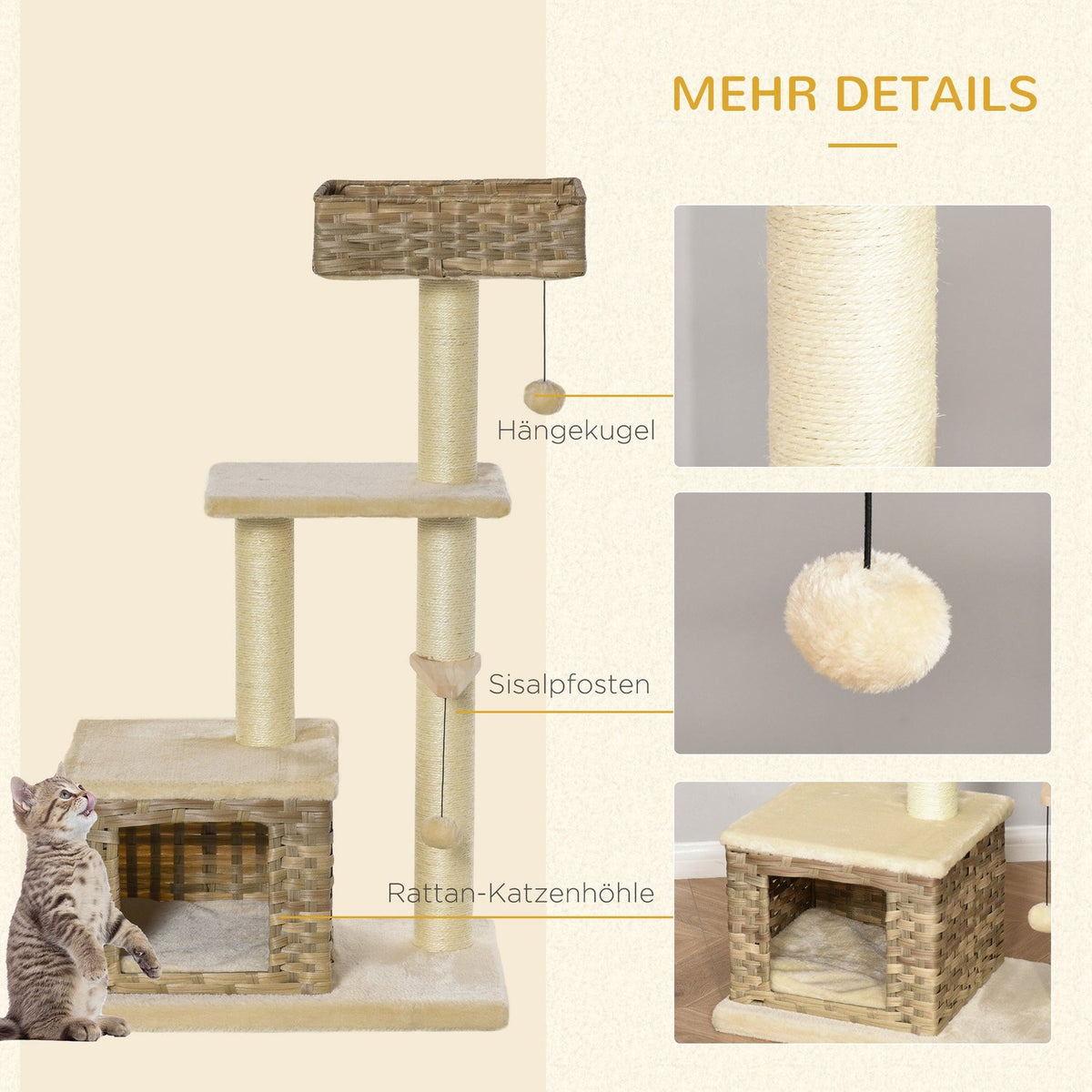 Rattan Cat Tree Scratching Post With Cat Cave, Ball Toy, Sisal & Soft Plush, 108Cm, Brown+Beige